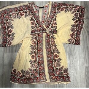 Angie Womens Boho Kimono Tunic Top Cream Paisley Print V-Neck Rayon Small